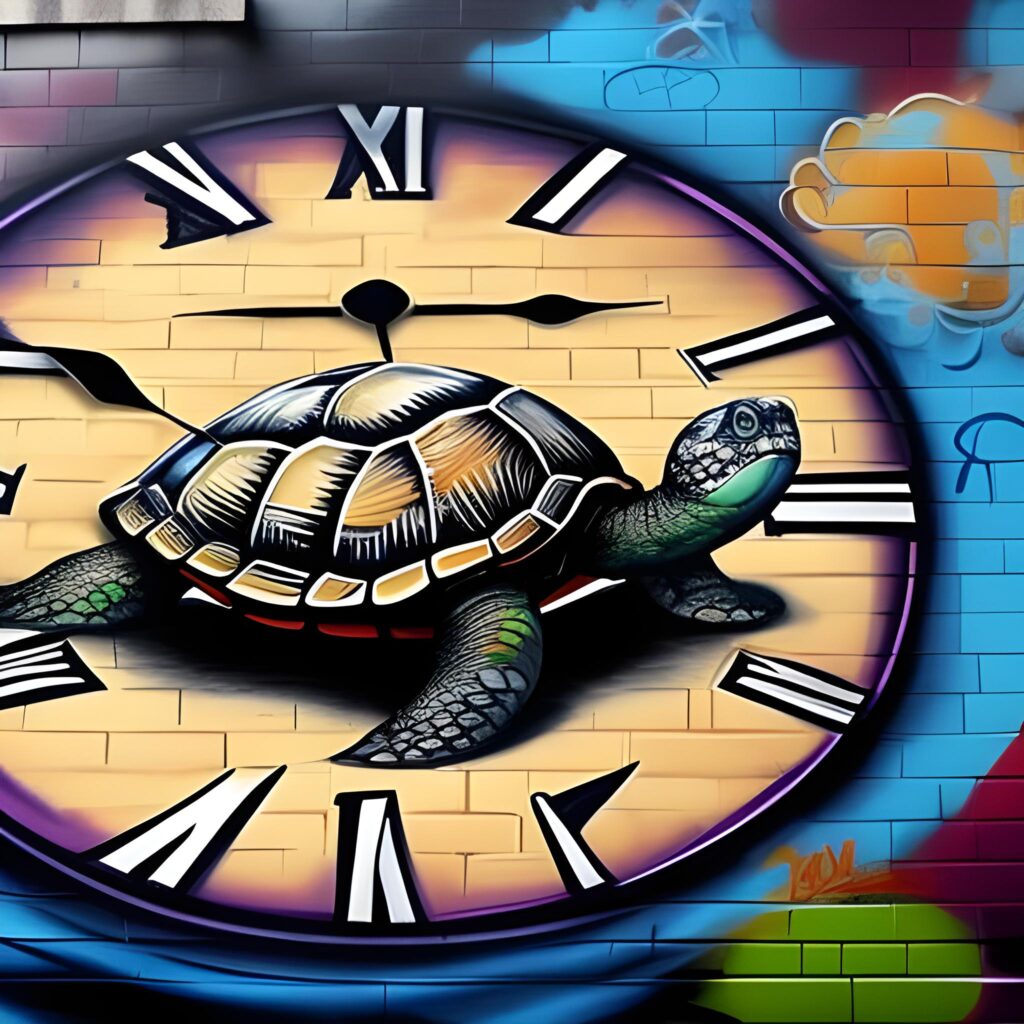 a graffiti a clock and a turtle ona brickwall high resulution S865265486 St25 G7.5